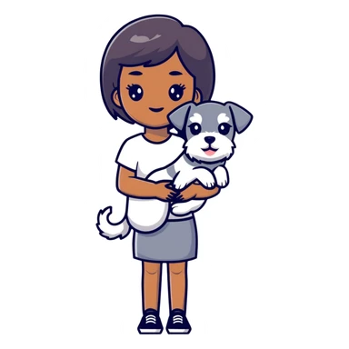 Black girl with short bangs holding a white schnauzer dog sticker