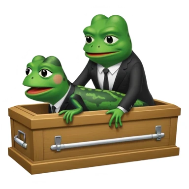 An empty coffin with "ECHO" inscribed on it, being nailed down shut by a Pepe the frog character. sticker