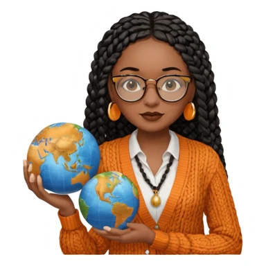 a young woman wearing fine gold round glasses and black hair in several box braids, no earrings, she has light black skin, and she's wearing a white shirt with an orange-terracotta cardigan on top. She's holding a globe in one hand sticker