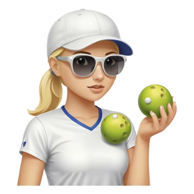 Woman with blond hair in a ponytail wearing a white baseball cap and sunglasses holding one pickleball and nothing else sticker