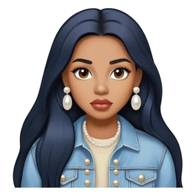 light brown skin tone, very beautiful woman, with big plump lips, long long lashes, black straight long hair, brown eyes, light blue denim jacket, pearl stud earrings sticker