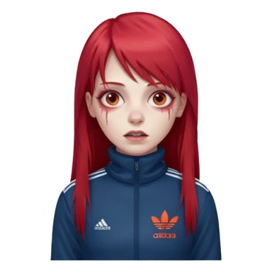 Crie um emoji de uma menina com bochecha gordinha com o cabelo vermelho longo com uma franja reta zumbi casaco de gola alta da adidas sticker