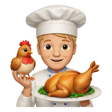 Gordon Ramsay smiling, presenting a roast chicken on a plate, chef hat sticker