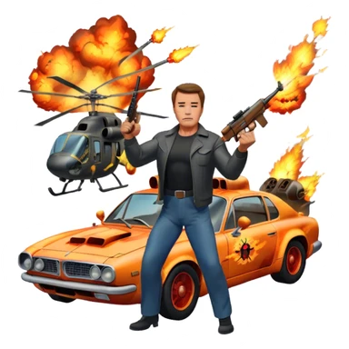 Icon for Action Movies: Arnold Schwarzenegger in the lead role, in an intense action pose with weapons, explosions, a car and helicopter flying out of flames in the background. The design should capture the explosive energy and heroism of classic action films. Transparent background. sticker