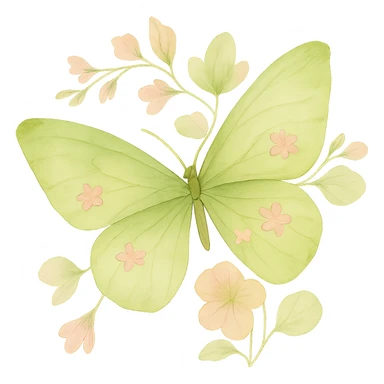 One-to-one butterfly and flowers as in the example – keep the same wing shape, lines, effects, and flower arrangement. Main color #c0ff53 green, accents pink, maintain light transitions and watercolor style, no background. sticker