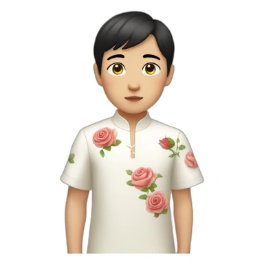 Asian boy, with black hair wearing a white dress with a rose pattern sticker