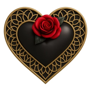 Add a gothic rose accent to the 3D goth black heart with lace patterns, keeping it shiny and dramatic with a gothic style. sticker