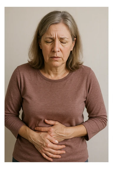 donna in menopausa con la disbiosi intestinale immagine realistica sticker