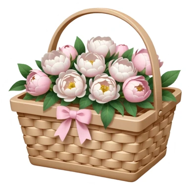 White Picnic basket with light pink bow and white peonies inside sticker