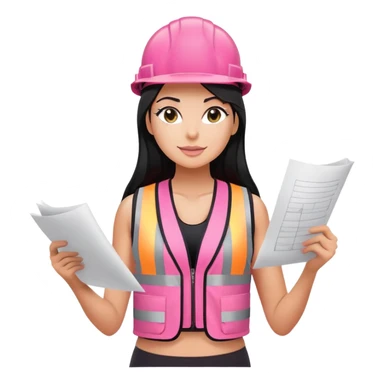 pink construction hat, design draft in hand, long black hair tanned woman, black sports bra, pink vest, sexy, hot  sticker
