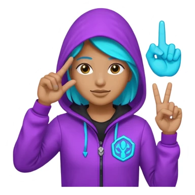 Hooded Vault Pioneer saluting with two fingers, neon purple-cyan glow, badge on chest, emoji style sticker