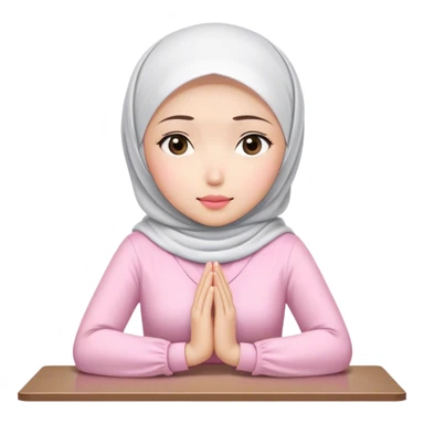 A white Asian woman, white hijab women are listening with her hands folded on the table. her lips is pink. her outfit & hijab color is white. Her fingers are 10. sticker