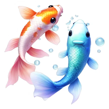 Two realistic koi fish, one green & blue, the other pink & white, swimming in circle, ying yang, Pisces fish, cloudy, water, dreamy, bubbles, iridescent sticker