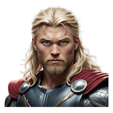 Cinematic Realistic Thor Portrait, depicted with lifelike skin texture and a commanding, muscular build that radiates divine strength. His piercing eyes, framed by rugged, flowing hair and a well-groomed beard, exude both determination and amiable authority. Clad in his signature armor with subtle hints of mystical lightning, the portrait is rendered in dynamic natural lighting with a radiant, heroic glow. sticker