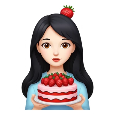 Beautiful girl with long black hair holding a strawberry cake sticker