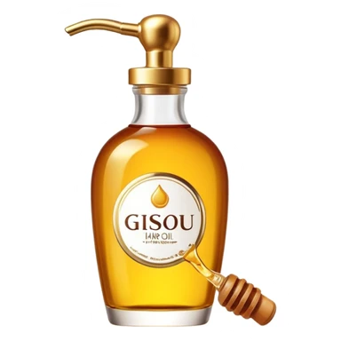 Gisou hair oil bottle, elegant glass bottle with gold cap, honey-infused hair oil, beauty product sticker
