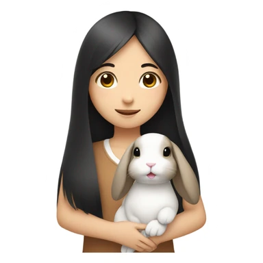 A asian girl with black long straight hair holding a white and brown rabbit sticker