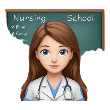 inside a classroom at university that says nursing school on the board with a pretty female nursing student with long brown hair, blue eyes sticker