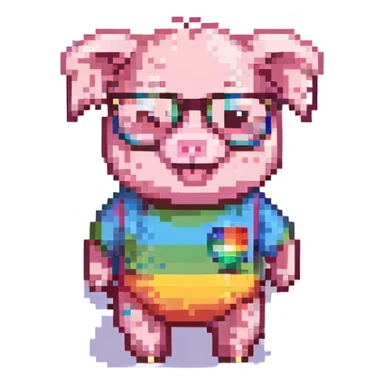 kawaii pixel art baby pig, round glasses, rainbow t-shirt, shorts, standing, smiling, 32x32, bright colors sticker
