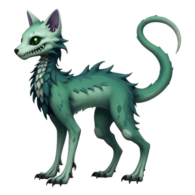 scaley Macabre spectral spooky dark bleak blackish swampy white-skeletal gloomy ghostly dark greyish dark-deep-greenish foggy eldritch beautiful realistic edgy fantasy ghoul-like zombie-like stitched feline-vernid-sergal-fursona animal creature with a tufted tail full body with intricate markings  sticker
