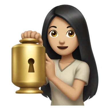 asian girl with long black hair holding a golden doorknob sticker