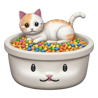in the style of pixel art, make a cat pet food bowl for a cat. In the bowl is white cat food which is piled so high on top of the bowl. There are small pieces of rainbow food in the bowl too. Take away the cat from on top of the bowl sticker