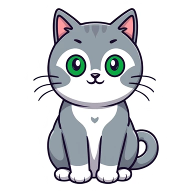 Elegant gray cat with smooth fur, large green eyes, serene expression, sitting facing camera sticker