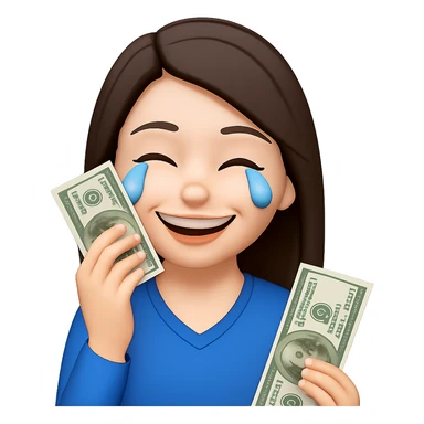 Make the brunette girl smile instead, drying her tears with money bills, holding cash to her face, in emoji style, no background. sticker