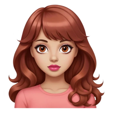pretty woman, popular mean girl, light tan skin, big black eyes, long wavy reddish brown hair, bangs, pink top, coral lipstick sticker