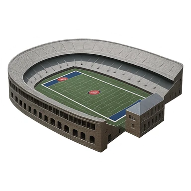 Edit the emoji of Franklin Field at the University of Pennsylvania to have the upper deck mezzanine go all the way around the upper level as it does in real life. Ensure the building in the open side sits independently in the gap of the open stadium and does not connect to the sides. Maintain realistic, lifelike detail, accurate colors, bright lighting, and a transparent background. sticker