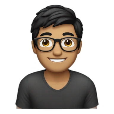 an apple memoji style emoji of a young man in transparent glasses with medium black hair and a smile on his face with a laptop in front of him. Laptop should be visible sticker