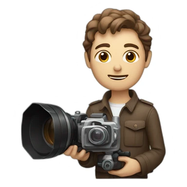 European film director with brown piled short hair holding a cinema camera sticker