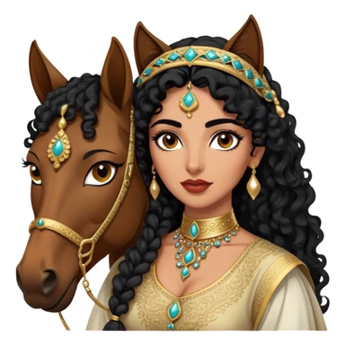Middle Eastern woman with black curly hair and well defined eyebrows and full lips and black cat eyeliner long lashes  wearing a traditional dress holding into a Arabic horse  sticker