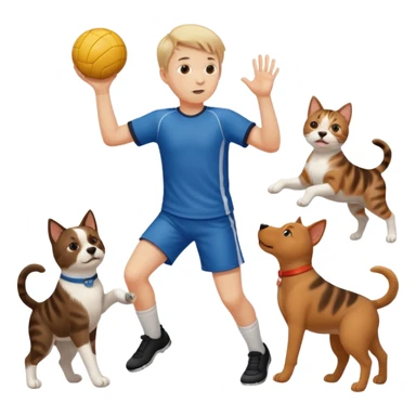 ragazzo basso  che gioca a pallamano circondato da cani e gattu sticker