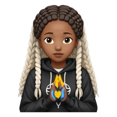 African American girl dark skin with long box braids and plain black hoodie with prayer hands sticker