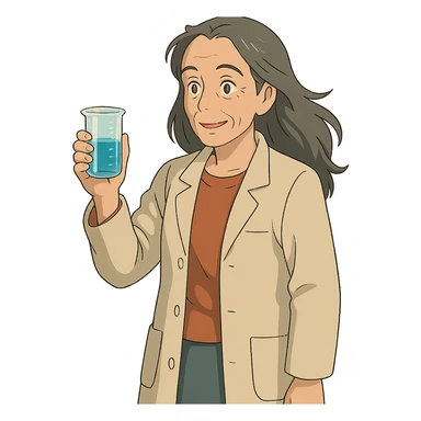 woman science teacher with long graying hair, holding a beaker, in ghibli style sticker
