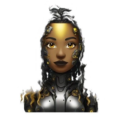 black metal female cyborg head with circuitry and yellow gold curly hair sticker