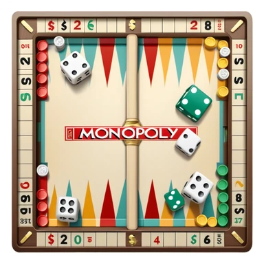A photorealistic icon featuring a backgammon board with dice, a Monopoly board with money and property cards and a Game of Life spinner. The design captures the detailed textures of the boards, pieces, and accessories. Transparent background. sticker