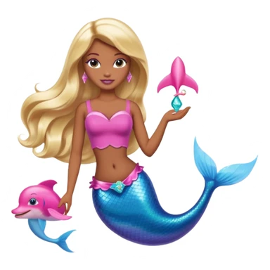 Brown skin blonde hair barbie mermaid with pink dolphin  sticker