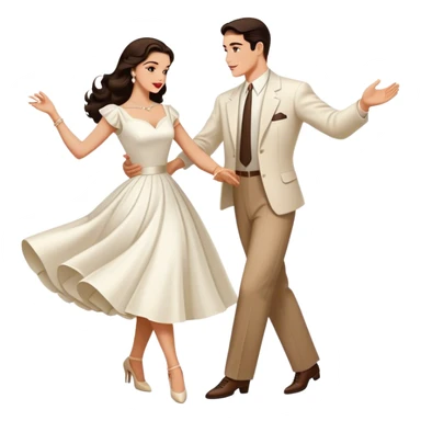 Beautiful woman in 1950’s woman fashion look, white dress, long dark brown hair, balboa couple dance  sticker