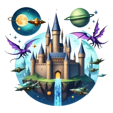 Icon for Fantasy and Sci-Fi Movies: A magical collage with flying dragons. futuristic spaceships and UFOs. Stars and planets shimmer in the background with a mystical castle Hogvards an ancient wizard and robots. The atmosphere is epic, otherworldly and adventurous. Transparent background. sticker