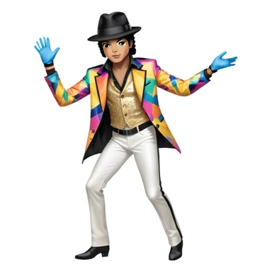 Icon for R&B Music: Michael Jackson in full body, wearing a bright, recognizable costume—sparkling jacket, black fedora, and signature glove. He is in a dynamic, energetic pose, with musical notes and abstract patterns surrounding him. Transparent background. sticker