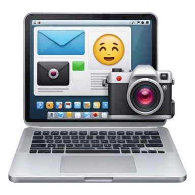 Create an emoji of blogging. The design should feature an open laptop or tablet with a visible blog post on the screen, showing text. Add a photo or video camera to symbolize multimedia content creation. Use modern, professional colors. No smiles. Make the background transparent. sticker