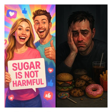 symbolic split scene: left side energetic smiling social influencers saying sugar is not harmful, strong lights and colorful filters; right side person showing signs of inflammation and fatigue, surrounded by sweets and junk food, dark tones and shadows; contrast between appearance and reality; modern style, 4K quality sticker