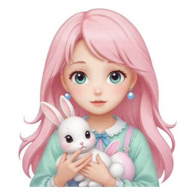 Gorgeous pastel anime style lady with blushing face and holding a bunny cottagecore fairycore pastelcore colorful pearly romantic simplistic aesthetic trending style sticker