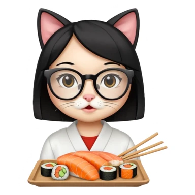 cute girl cat with straight hair and really big square glasses with super thin frames eating sushi sticker