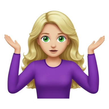 lady with long blonde wavy hair, green eyes and purple top top throwing arms in the as if confused sticker