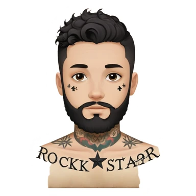 ki es un hombre joven con barba prolija, pelo corto a los lados y rulos oscuros arriba. Tiene varios tatuajes en la cara: una estrella negra pequeña debajo de su ojo derecho, la palabra “Rockstar” escrita en letra cursiva en la frente (lado derecho), y una cruz pequeña cerca del ojo izquierdo. En el cuello, suele tener diseños más grandes y oscuros, tipo lettering o símbolos, aunque suelen variar. Usa cadenas gruesas y ropa urbana (buzo oversize o campera deportiva), con expresión confiada o seria. sticker