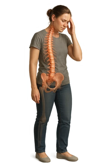 donna stanca a figura intera che si tiene una mano sulla tempia con spina dorsale anatomica visibile, iperrealistico 4k sticker