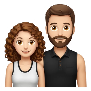 Criar Casal - Homem branco de cabelo liso e olhos marrom, com barba, usando camisa polo preta e mulher de pele branca cabelo cacheado marrom longo e olhos mel, usando uma regata branca, quero ela sorrindo sticker